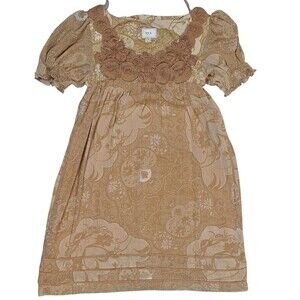 ECI Dress Women 8 Brown Floral Mesh Overlay Knee Length Fit Flare Short Sleeve